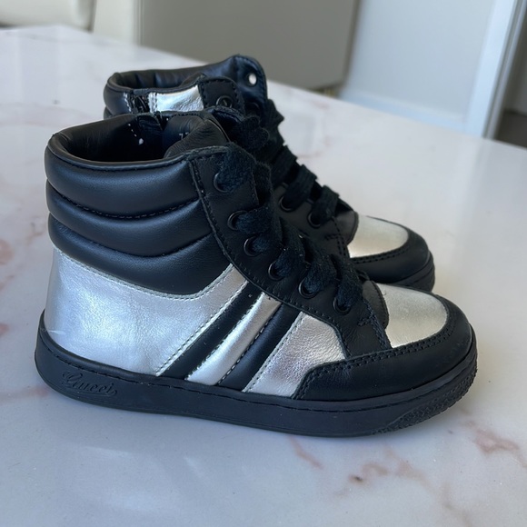 GUCCI baby toddler size 23 black & silver metallic high top sneakers designer - Picture 2 of 10